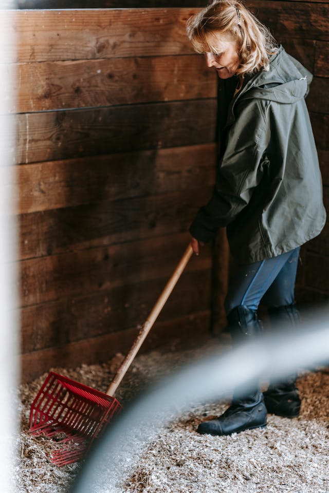 person with a pink glove and spray bottle.