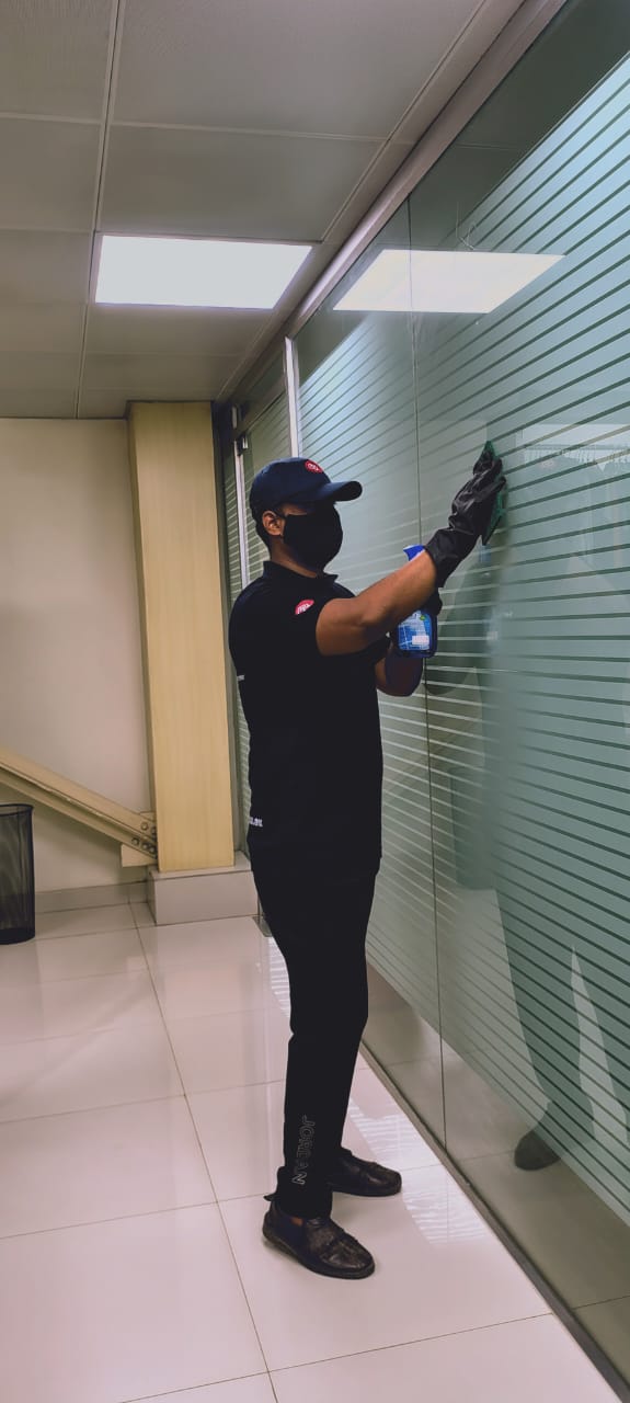 person with a pink glove and spray bottle.
